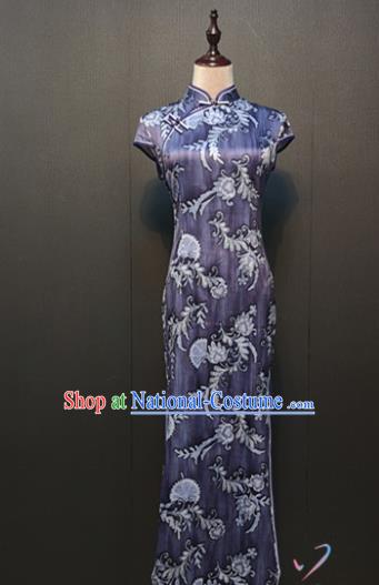 Custom Shanghai Young Lady Purple Silk Cheongsam Drama Performance Clothing Republic of China Classical Printing Qipao Dress