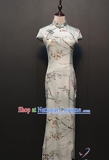 Custom Young Lady Cheongsam Drama Performance Clothing Republic of China Classical Printing White Silk Qipao Dress