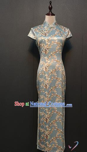 Custom Catwalks Cheongsam Drama Performance Classical Dance Clothing Republic of China Printing Light Blue Qipao Dress