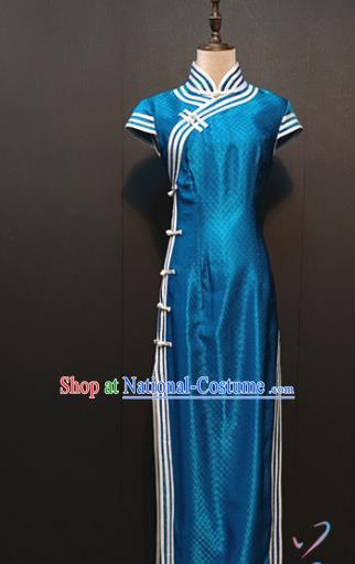 Custom Drama Women Royalblue Silk Qipao Dress Stage Performance Clothing Republic of China Classical Cheongsam