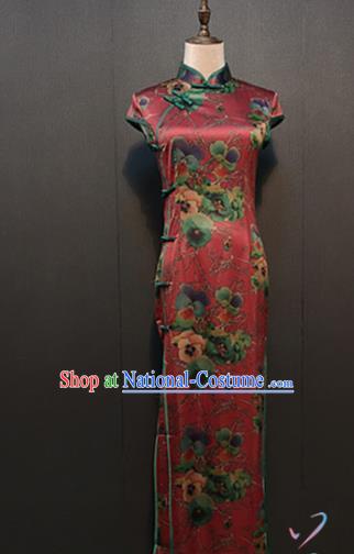 Custom Stage Performance Clothing Republic of China Classical Cheongsam Drama Women Dark Red Silk Qipao Dress