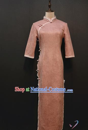 Custom Suede Fabric Qipao Dress Stage Performance Clothing Republic of China Drama Women Classical Pink Cheongsam