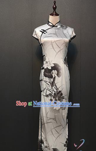 Custom Ink Painting Lotus White Silk Qipao Dress Stage Performance Clothing Republic of China Drama Classical Cheongsam