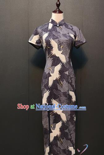 Custom Young Mistress Purple Qipao Dress Stage Performance Clothing Republic of China Drama Classical Printing Cranes Suede Fabric Cheongsam