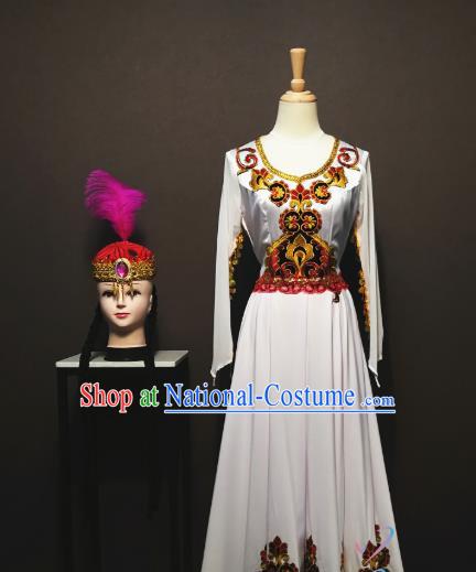 Custom China Uyghur Ethnic Clothing Traditional Minority Folk Dance Costumes Xinjiang Nationality White Dress with Hat Full Set