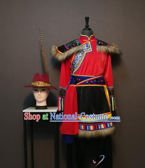 Custom China Pumi Ethnic Clothing Traditional Minority Folk Dance Costumes Nationality Men Red Robe and Pant with Hat