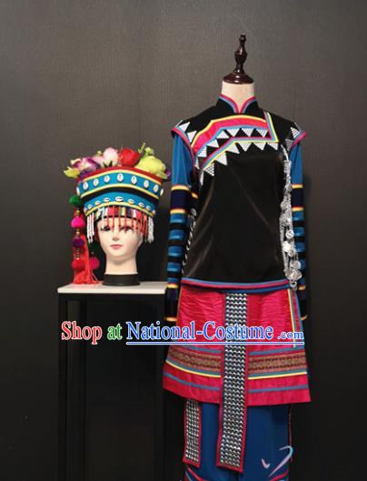 Custom China Deang Ethnic Clothing Traditional Minority Women Costumes Li Li Nationality Folk Dance Outfits and Headwear