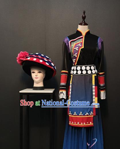 Custom China Tujia Ethnic Female Clothing Traditional Minority Women Costumes Hani Nationality Folk Dance Outfits and Hat