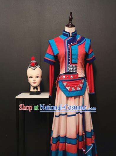 China Yi Ethnic Female Clothing Traditional Minority Women Costumes Custom Nationality Folk Dance Dress and Hair Accessories