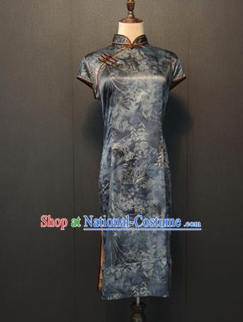 Custom Republic of China Navy Silk Cheongsam China Traditional Women Clothing Shanghai Classical Mother Short Qipao Dress