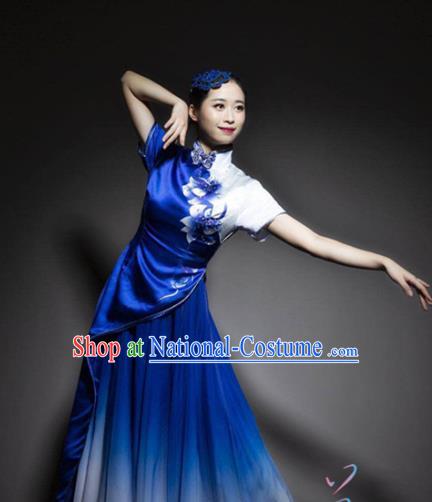 Chinese Traditional Classical Dance Royalblue Dress Fan Dance Costume Umbrella Dance Clothing