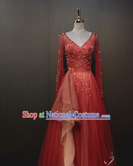 Top Grade Compere Red Dress Stage Performance Modern Dance Clothing Waltz Dance Costume