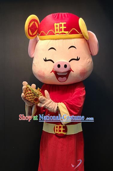 Custom Cosplay God of Wealth Walking Cartoon Costume New Year Stage Performance Clothing Puppet Fortune Pig Apparels and Headwear