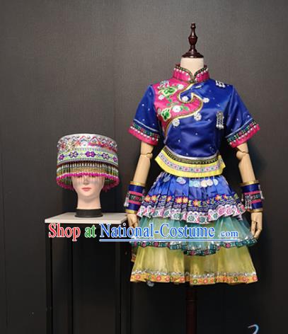 Custom Miao Nationality Blue Blouse and Short Skirt China Ethnic Woman Clothing Traditional Minority Dance Costumes and Headwear