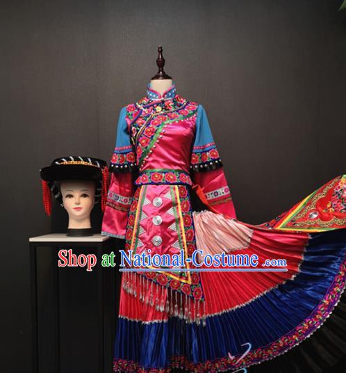 Custom Yi Nationality Rosy Blouse and Long Skirt China Ethnic Folk Dance Clothing Traditional Minority Women Costumes and Hat