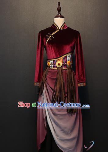 Custom China Ethnic Clothing Zang Nationality Folk Dance Dress Traditional Tibetan Minority Wine Red Velvet Costumes