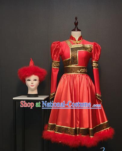 Custom China Mongolian Ethnic Clothing Mongol Nationality Folk Dance Red Dress Traditional Minority Costumes and Hat