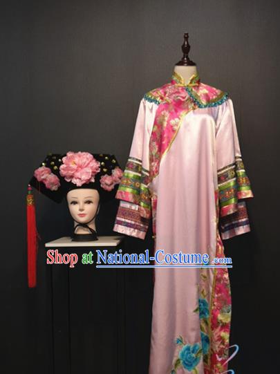 Chinese Qing Dynasty Palace Lady Clothing Traditional Stage Performance Pink Dress Ancient Manchu Princess Costume and Headdress