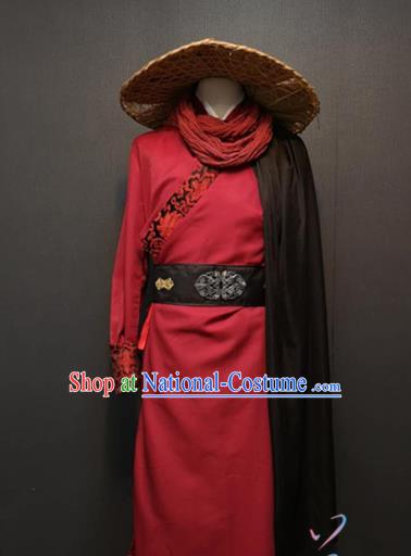 China Ancient Swordsman Red Clothing Drama Ming Dynasty Hero Costume and Bamboo Hat for Men