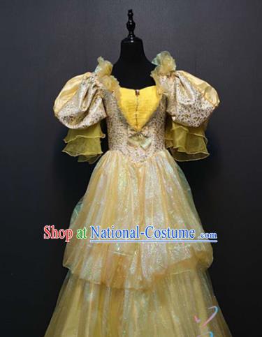 Top Grade Cosplay Princess Yellow Dress Drama Performance Costume Europe Court Full Dress