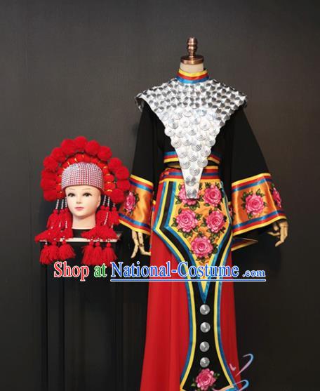 Custom China Miao Ethnic Bride Clothing Hmong Nationality Folk Dance Black Blouse and Skirt Traditional Minority Wedding Costumes and Red Hat