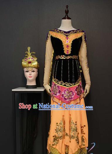 Custom China Xinjiang Ethnic Folk Dance Clothing Nationality Women Dress Traditional Uyghur Minority Costumes and Hair Accessories