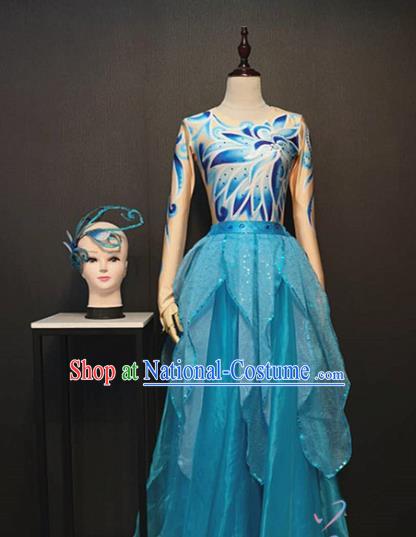 Top Opening Dance Blue Veil Dress Traditional Modern Dance Clothing Stage Performance Costume and Headpiece