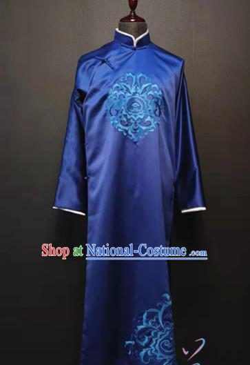 Republic of China Traditional Royalblue Gown Cross Talk Stage Performance Costume Bridegroom Clothing for Men