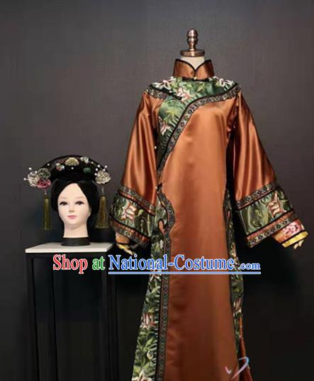 Traditional Drama Story of Yanxi Palace China Qing Dynasty Empress Costume Ancient Queen Fucha Brown Dress Clothing and Headdress