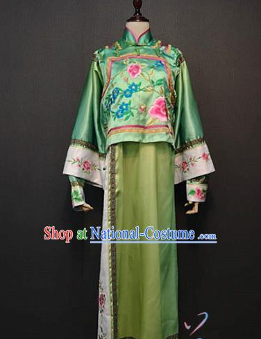 China Qing Dynasty Costume Traditional Drama Stage Performance Clothing Ancient Manchu Princess Mandarin Jacket and Green Qipao Dress