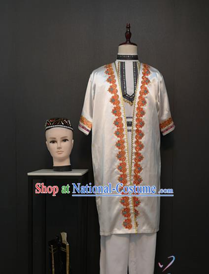 Custom Uyghur Nationality White Outfits China Xinjiang Ethnic Male Clothing Traditional Minority Dance Costumes and Hat