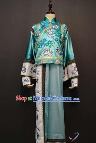 China Ancient Manchu Princess Blue Mandarin Jacket and Qipao Dress Qing Dynasty Court Costume Traditional Drama Stage Performance Clothing