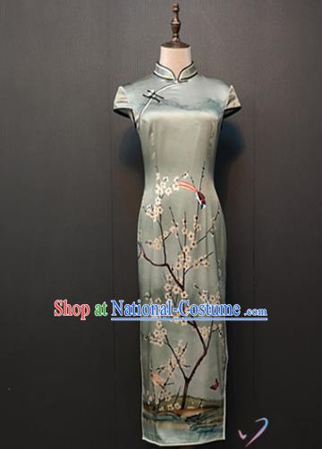 Custom Stage Performance Clothing Classical Cheongsam Compere Printing Plum Blossom Silk Qipao Dress