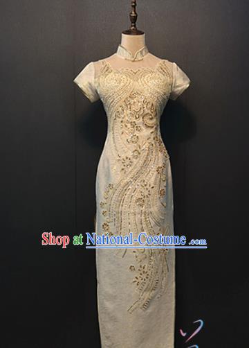 Bride Classical Cheongsam Custom Stage Performance Clothing Compere Embroidered Beige Qipao Dress