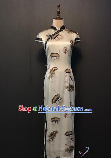 Classical Ink Painting Lotus White Silk Cheongsam Compere Qipao Dress Custom Stage Performance Clothing