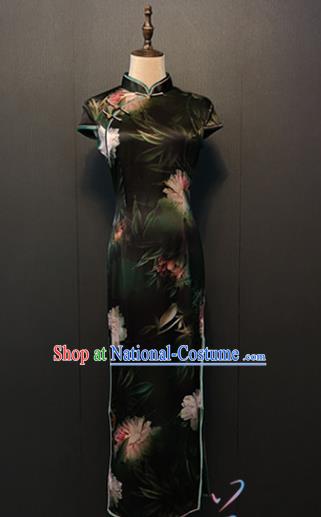 Compere Qipao Dress Custom Stage Performance Clothing Classical Printing Lotus Black Silk Cheongsam