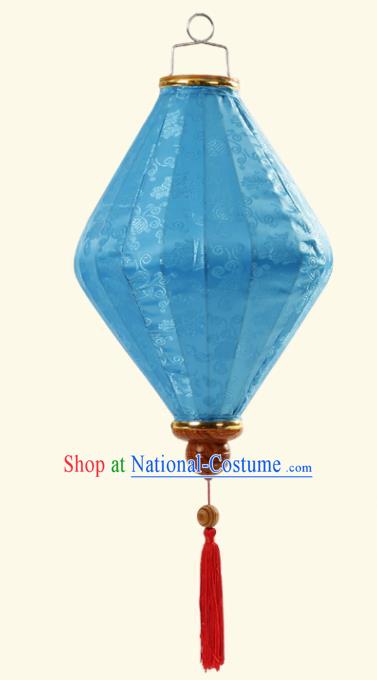 Handmade Chinese Classical Floral Scroll Pattern Blue Silk Palace Lanterns Traditional New Year Decoration Lantern Spring Festival Lamp