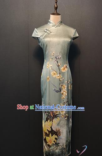 Compere Light Blue Silk Qipao Dress Custom Stage Performance Clothing Classical Printing Yulan Magnolia Cheongsam