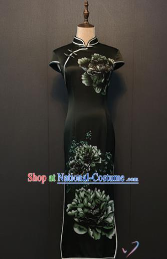 Compere Printing Peony Black Silk Qipao Dress Custom Stage Performance Clothing Classical Shanghai Cheongsam