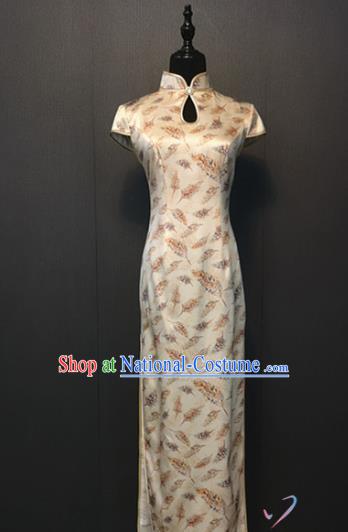 Compere Classical Leaf Pattern White Silk Qipao Dress Custom Shanghai Cheongsam Stage Performance Clothing