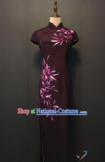 Custom Classical Wine Red Silk Qipao Dress Shanghai Cheongsam Drama Performance Mother Clothing