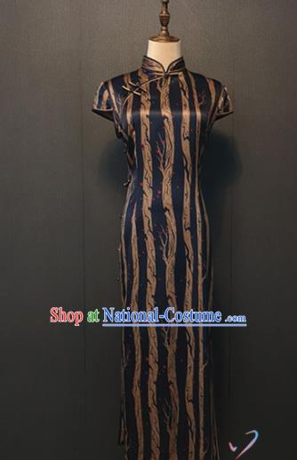 Custom Young Mistress Cheongsam Women Clothing Shanghai Classical Navy Silk Qipao Dress