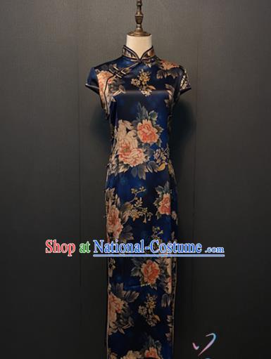 Republic of China Custom Cheongsam Women Clothing Shanghai Classical Printing Peony Deep Blue Silk Qipao Dress