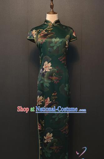 Custom Cheongsam Top Quality Republic of China Shanghai Women Clothing Classical Printing Lotus Deep Green Silk Qipao Dress