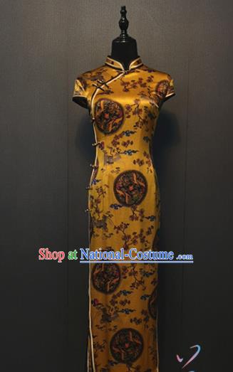 Republic of China Traditional Pattern Yellow Silk Cheongsam Shanghai Women Classical Qipao Dress Custom Clothing