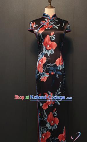 Republic of China Traditional Printing Camellia Black Silk Cheongsam Custom Clothing Classical Shanghai Women Qipao Dress