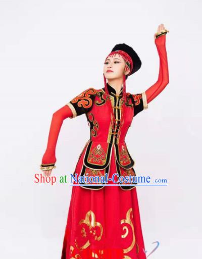 Custom Mongol Nationality Red Dress China Ethnic Woman Clothing Traditional Mongolian Minority Dance Costumes and Headwear