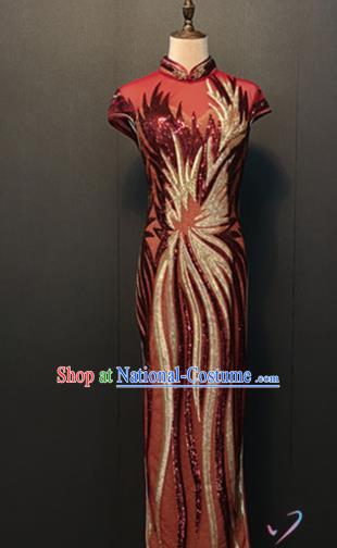 Traditional Embroidered Red Sequins Cheongsam Annual Meeting Clothing Compere Qipao Dress