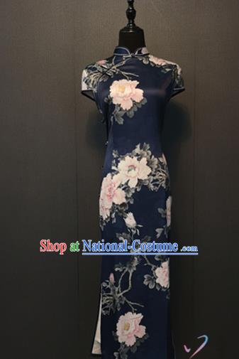 Custom Traditional Cheongsam Annual Meeting Clothing Compere Printing Peony Navy Silk Qipao Dress