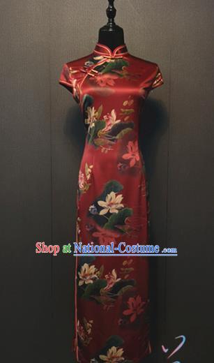 Custom China Traditional Cheongsam Annual Meeting Clothing Compere Printing Lotus Red Silk Wedding Qipao Dress